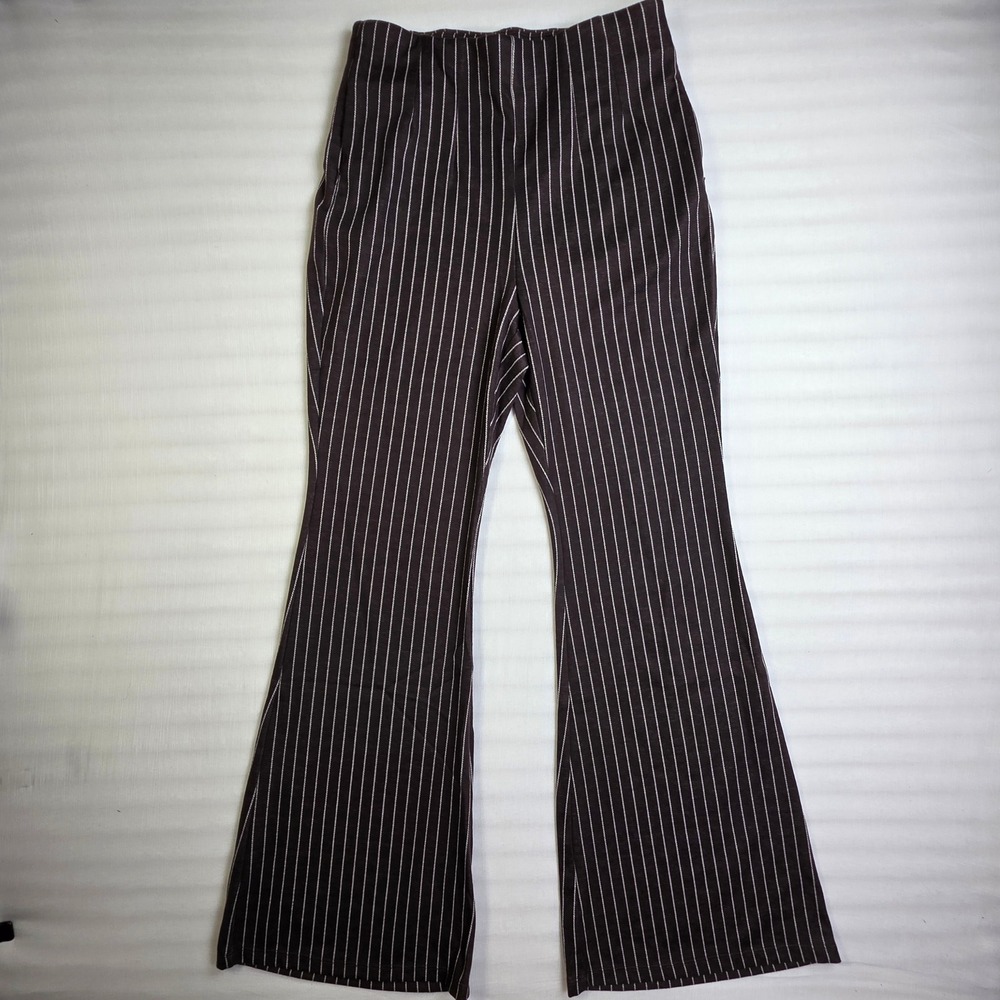 Halara Womens Brown Pinstripe High Waisted Flare Leg Pants Size Medium NWT